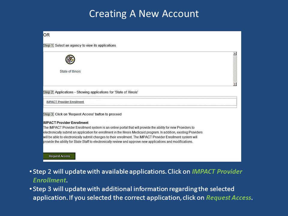 Creating A New Account Step 2 will update with available applications.