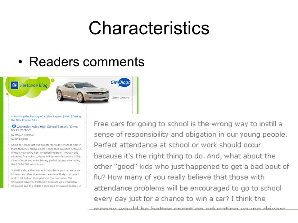 Characteristics Readers comments