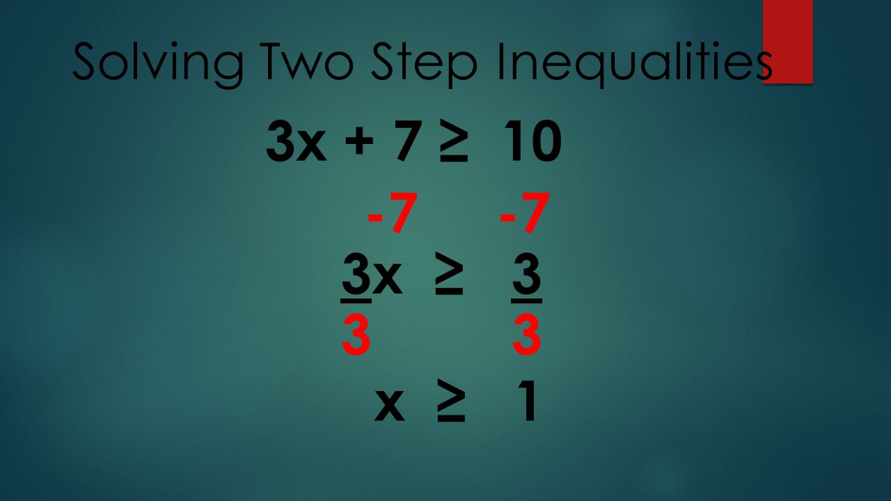 Solving Two Step Inequalities 3x + 7 ≥ x ≥ x ≥ 1