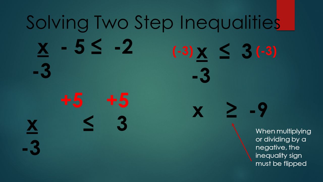 Solving Two Step Inequalities x - 5 ≤ x ≤ 3 -3 x ≥ -9 x ≤ 3 -3 When multiplying or dividing by a negative, the inequality sign must be flipped (-3)