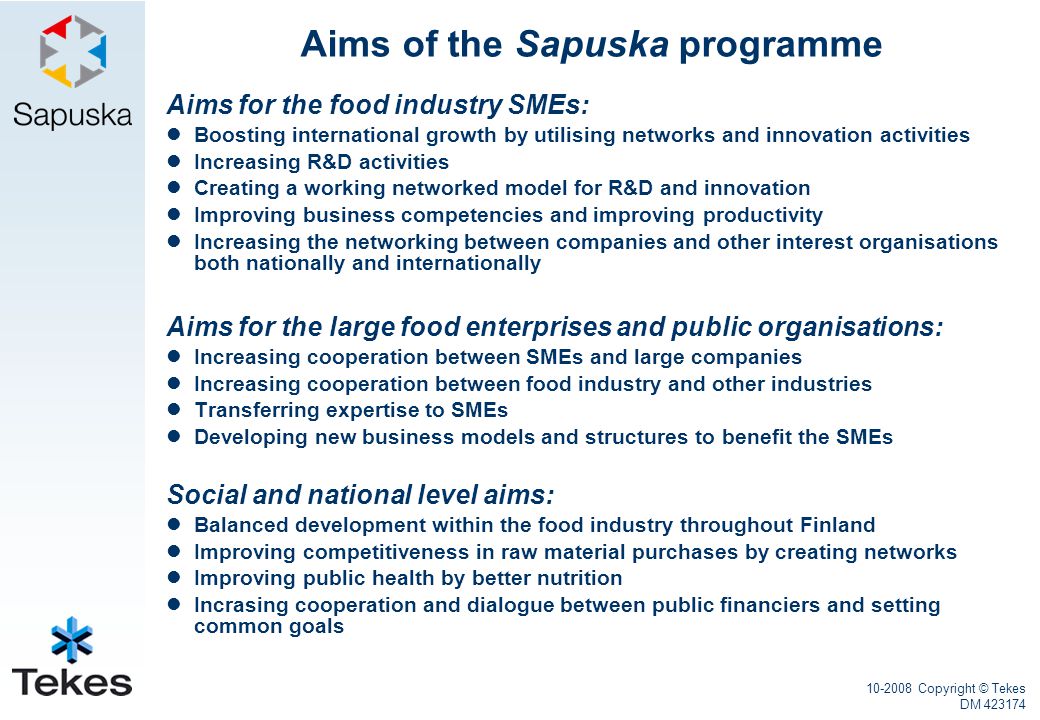 Copyright © Tekes DM Aims of the Sapuska programme Aims for the food industry SMEs: Boosting international growth by utilising networks and innovation activities Increasing R&D activities Creating a working networked model for R&D and innovation Improving business competencies and improving productivity Increasing the networking between companies and other interest organisations both nationally and internationally Aims for the large food enterprises and public organisations: Increasing cooperation between SMEs and large companies Increasing cooperation between food industry and other industries Transferring expertise to SMEs Developing new business models and structures to benefit the SMEs Social and national level aims: Balanced development within the food industry throughout Finland Improving competitiveness in raw material purchases by creating networks Improving public health by better nutrition Incrasing cooperation and dialogue between public financiers and setting common goals