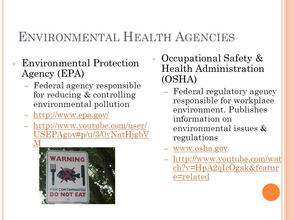 E NVIRONMENTAL H EALTH A GENCIES Environmental Protection Agency (EPA) – Federal agency responsible for reducing & controlling environmental pollution –     –   USEPAgov#p/u/3/0yNatHjgbV M   USEPAgov#p/u/3/0yNatHjgbV M Occupational Safety & Health Administration (OSHA) – Federal regulatory agency responsible for workplace environment.