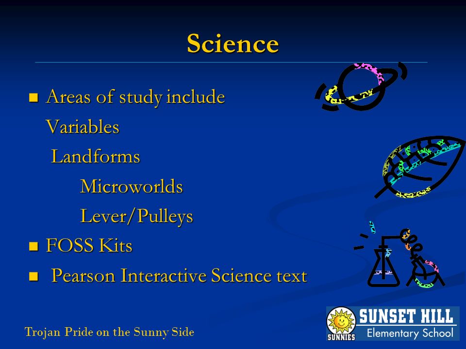 Trojan Pride on the Sunny Side Science Areas of study include Areas of study includeVariables Landforms Landforms Microworlds Microworlds Lever/Pulleys Lever/Pulleys FOSS Kits FOSS Kits Pearson Interactive Science text Pearson Interactive Science text