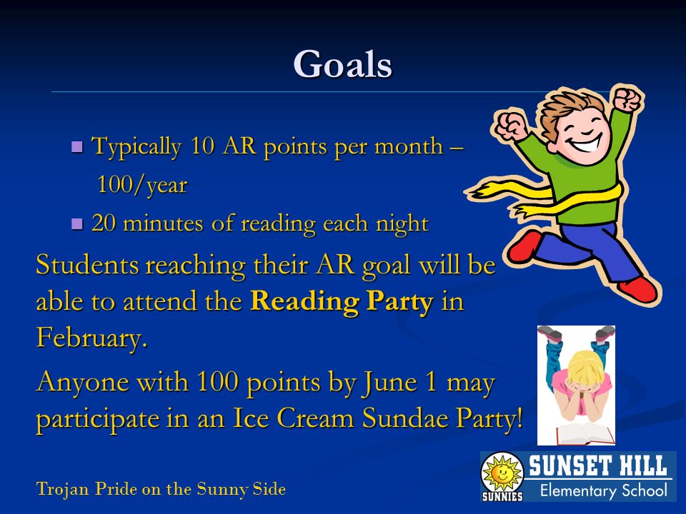 Trojan Pride on the Sunny Side Typically 10 AR points per month – Typically 10 AR points per month – 100/year 100/year 20 minutes of reading each night 20 minutes of reading each night Students reaching their AR goal will be able to attend the Reading Party in February.