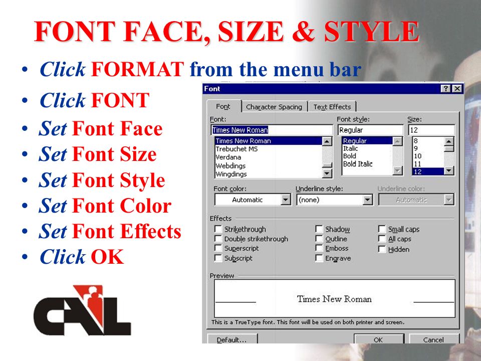 FONT FACE, SIZE & STYLE Click FORMAT from the menu bar Click FONT Set Font Face Set Font Size Set Font Style Set Font Color Set Font Effects Click OK
