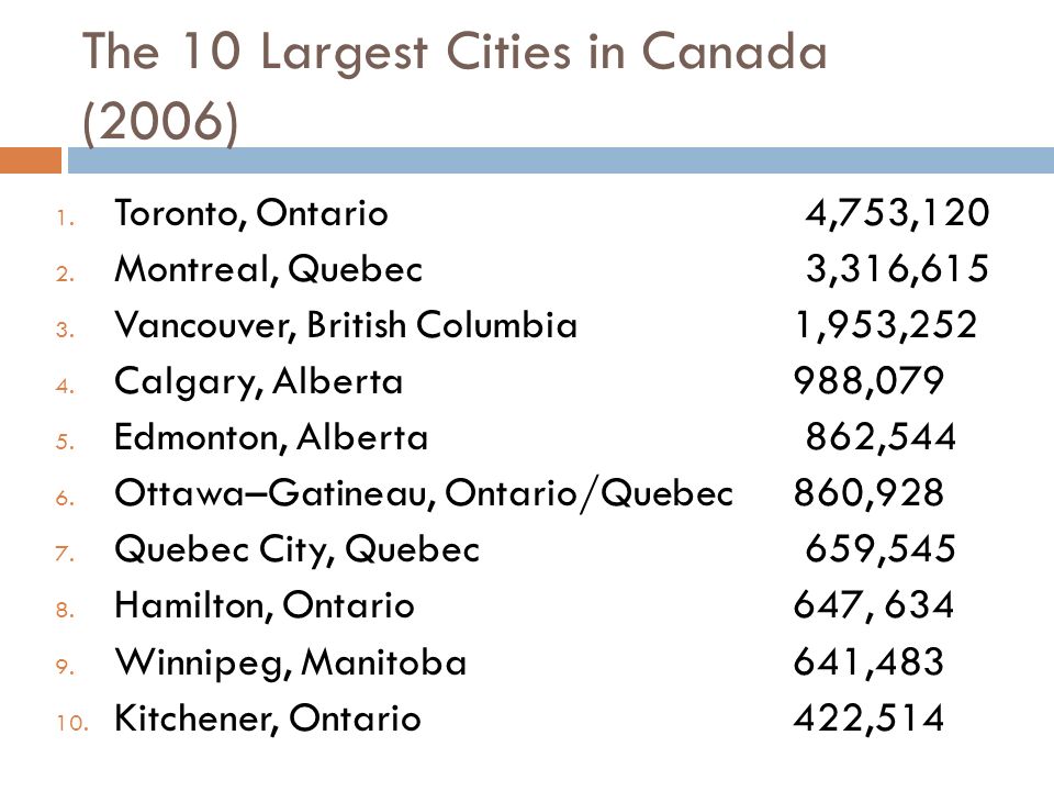 The 10 Largest Cities in Canada (2006) 1. Toronto, Ontario 4,753,