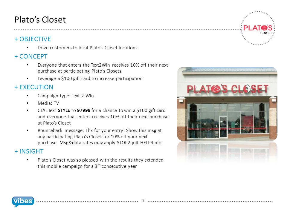 3 Plato’s Closet + OBJECTIVE Drive customers to local Plato’s Closet locations + CONCEPT Everyone that enters the Text2Win receives 10% off their next purchase at participating Plato’s Closets Leverage a $100 gift card to increase participation + EXECUTION Campaign type: Text-2-Win Media: TV CTA: Text STYLE to for a chance to win a $100 gift card and everyone that enters receives 10% off their next purchase at Plato’s Closet Bounceback message: Thx for your entry.