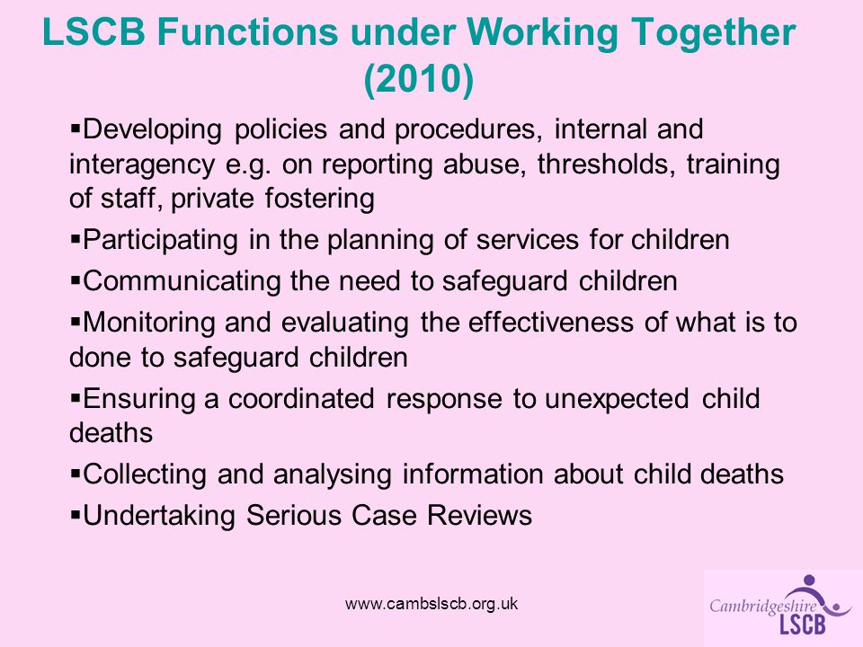LSCB Functions under Working Together (2010)  Developing policies and procedures, internal and interagency e.g.