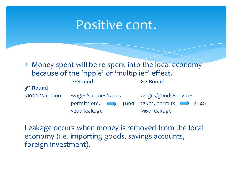  Money spent will be re-spent into the local economy because of the ‘ripple’ or ‘multiplier’ effect.