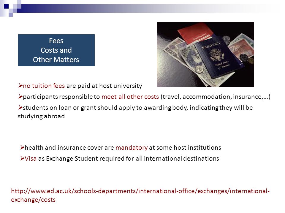 Fees Costs and Other Matters  no tuition fees are paid at host university  participants responsible to meet all other costs (travel, accommodation, insurance,…)  students on loan or grant should apply to awarding body, indicating they will be studying abroad   exchange/costs  health and insurance cover are mandatory at some host institutions  Visa as Exchange Student required for all international destinations
