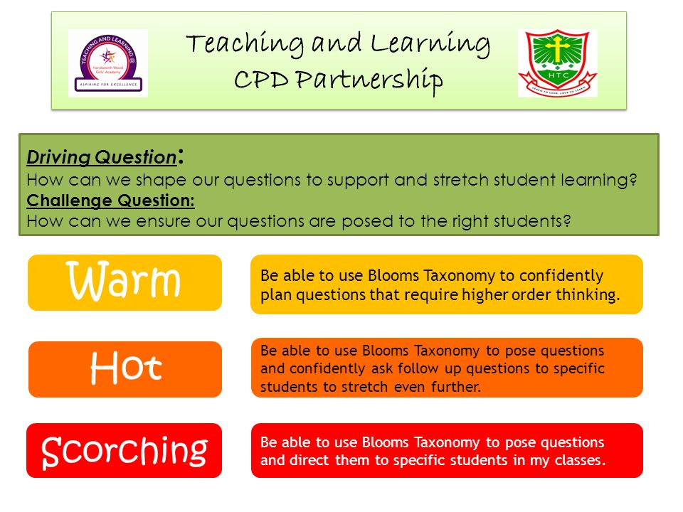 Teaching and Learning CPD Partnership Driving Question : How can we shape our questions to support and stretch student learning.