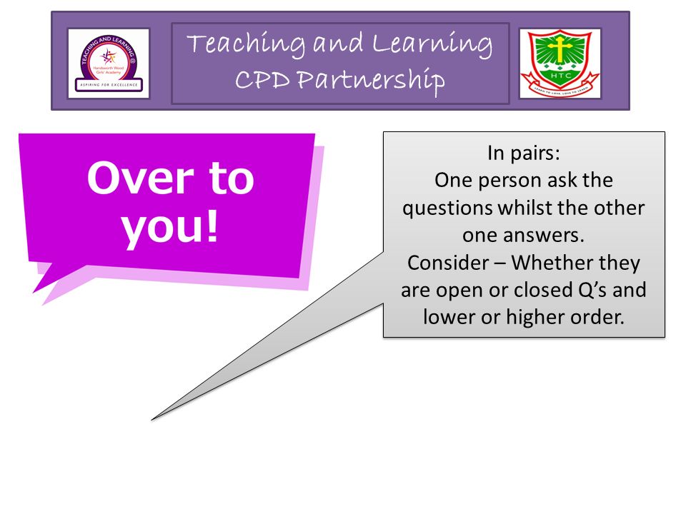 Teaching and Learning CPD Partnership In pairs: One person ask the questions whilst the other one answers.
