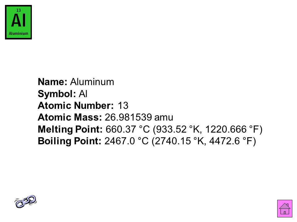 Name: Aluminum Symbol: Al Atomic Number: 13 Atomic Mass: amu Melting Point: °C ( °K, °F) Boiling Point: °C ( °K, °F)