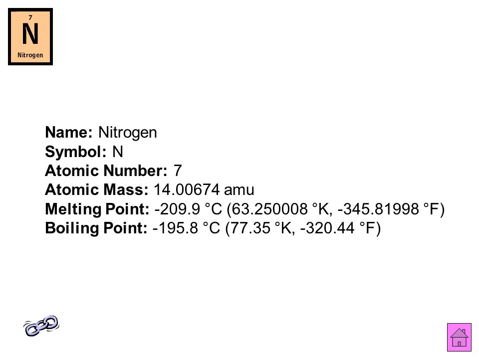 Name: Nitrogen Symbol: N Atomic Number: 7 Atomic Mass: amu Melting Point: °C ( °K, °F) Boiling Point: °C (77.35 °K, °F)