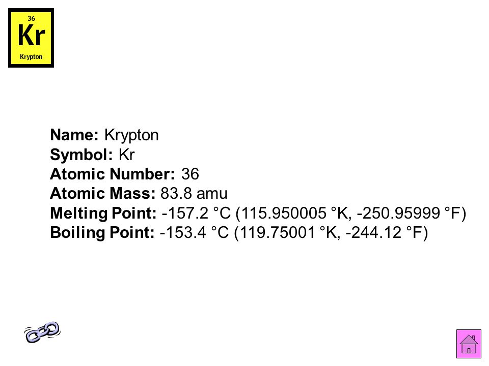 Name: Krypton Symbol: Kr Atomic Number: 36 Atomic Mass: 83.8 amu Melting Point: °C ( °K, °F) Boiling Point: °C ( °K, °F)