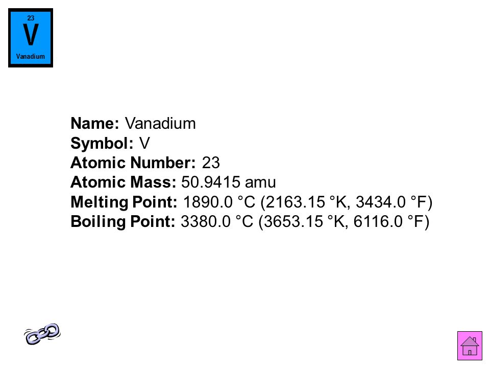 Name: Vanadium Symbol: V Atomic Number: 23 Atomic Mass: amu Melting Point: °C ( °K, °F) Boiling Point: °C ( °K, °F)