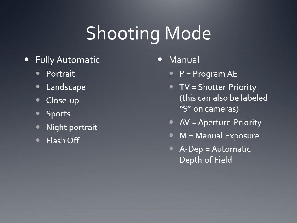 Shooting Mode Fully Automatic Portrait Landscape Close-up Sports Night portrait Flash Off Manual P = Program AE TV = Shutter Priority (this can also be labeled S on cameras) AV = Aperture Priority M = Manual Exposure A-Dep = Automatic Depth of Field