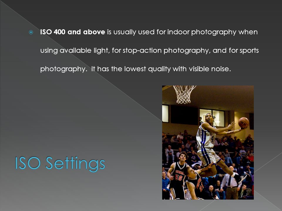  ISO 400 and above is usually used for indoor photography when using available light, for stop-action photography, and for sports photography.