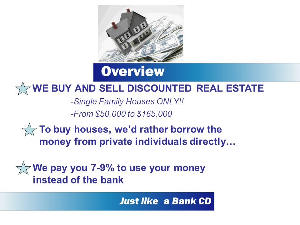 Overview Just like a Bank CD WE BUY AND SELL DISCOUNTED REAL ESTATE -Single Family Houses ONLY!.