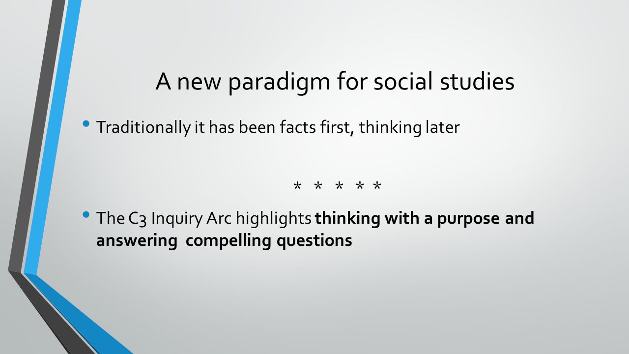 A new paradigm for social studies Traditionally it has been facts first, thinking later * * * * * The C3 Inquiry Arc highlights thinking with a purpose and answering compelling questions