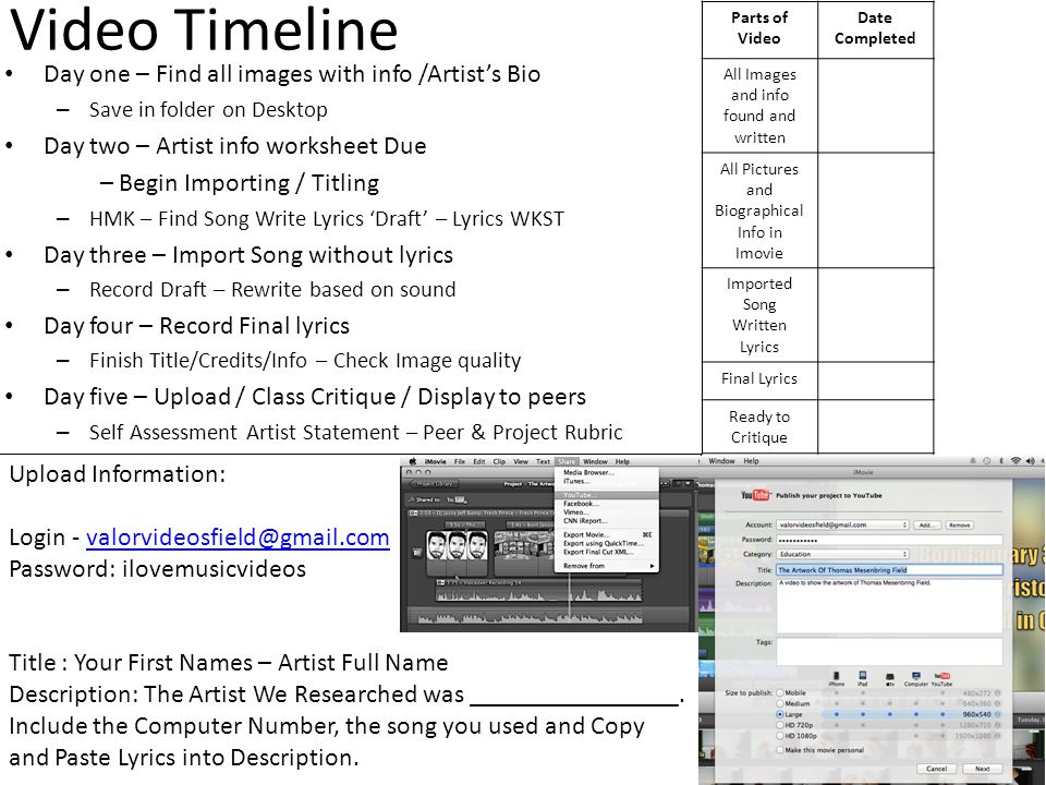 Video Timeline Day one – Find all images with info /Artist’s Bio – Save in folder on Desktop Day two – Artist info worksheet Due – Begin Importing / Titling – HMK – Find Song Write Lyrics ‘Draft’ – Lyrics WKST Day three – Import Song without lyrics – Record Draft – Rewrite based on sound Day four – Record Final lyrics – Finish Title/Credits/Info – Check Image quality Day five – Upload / Class Critique / Display to peers – Self Assessment Artist Statement – Peer & Project Rubric Parts of Video Date Completed All Images and info found and written All Pictures and Biographical Info in Imovie Imported Song Written Lyrics Final Lyrics Ready to Critique Upload Information: Login - Password: ilovemusicvideos Title : Your First Names – Artist Full Name Description: The Artist We Researched was ________________.