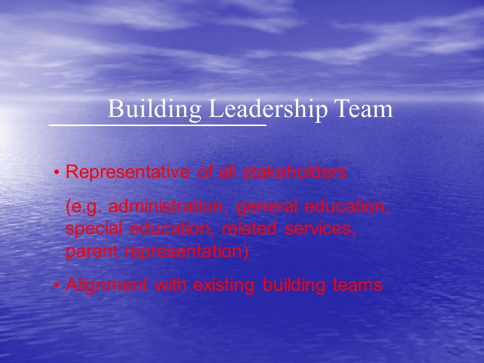 Building Leadership Team Representative of all stakeholders (e.g.