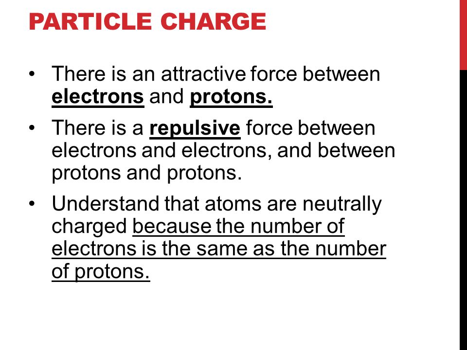 PARTICLE CHARGE There is an attractive force between electrons and protons.