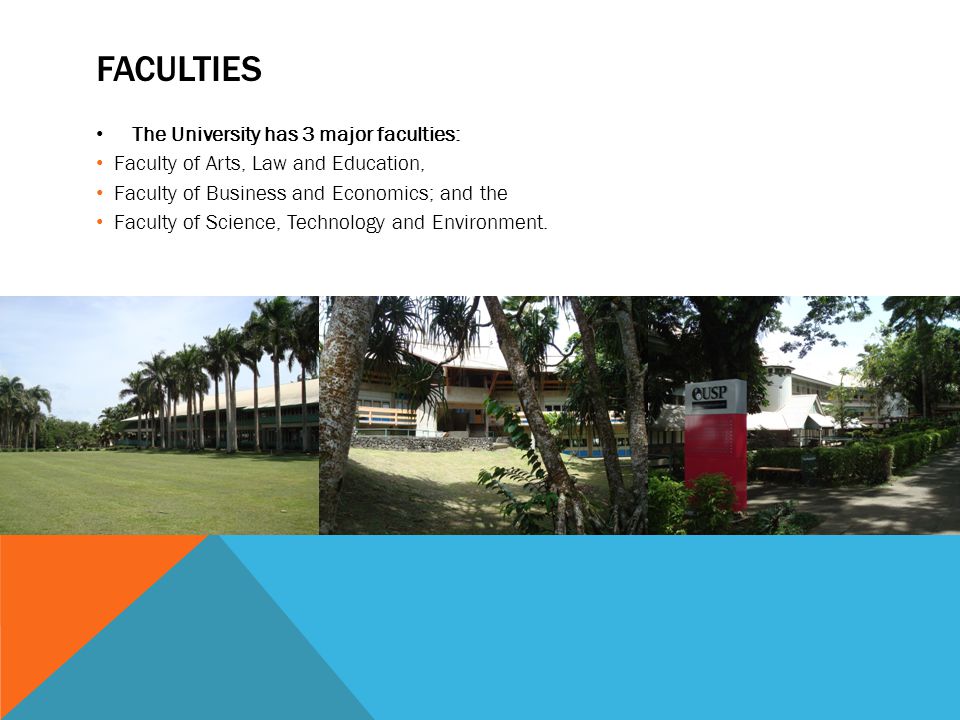 FACULTIES The University has 3 major faculties: Faculty of Arts, Law and Education, Faculty of Business and Economics; and the Faculty of Science, Technology and Environment.