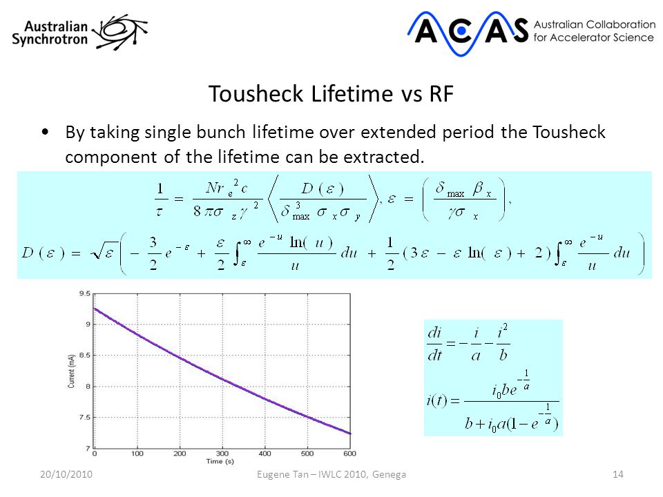 Tousheck Lifetime vs RF By taking single bunch lifetime over extended period the Tousheck component of the lifetime can be extracted.