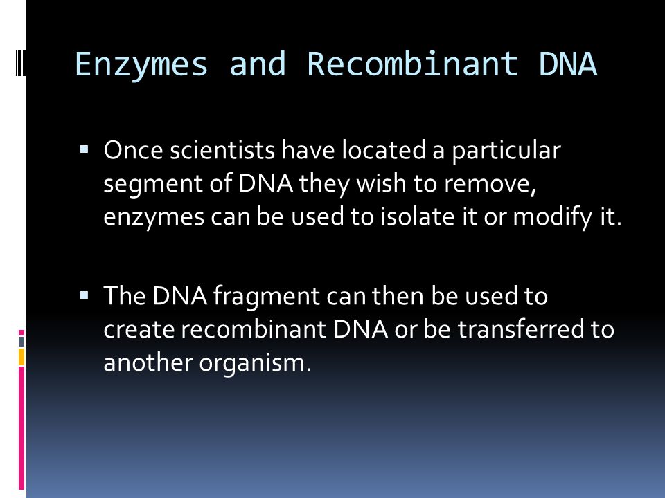 Enzymes and Recombinant DNA  Once scientists have located a particular segment of DNA they wish to remove, enzymes can be used to isolate it or modify it.