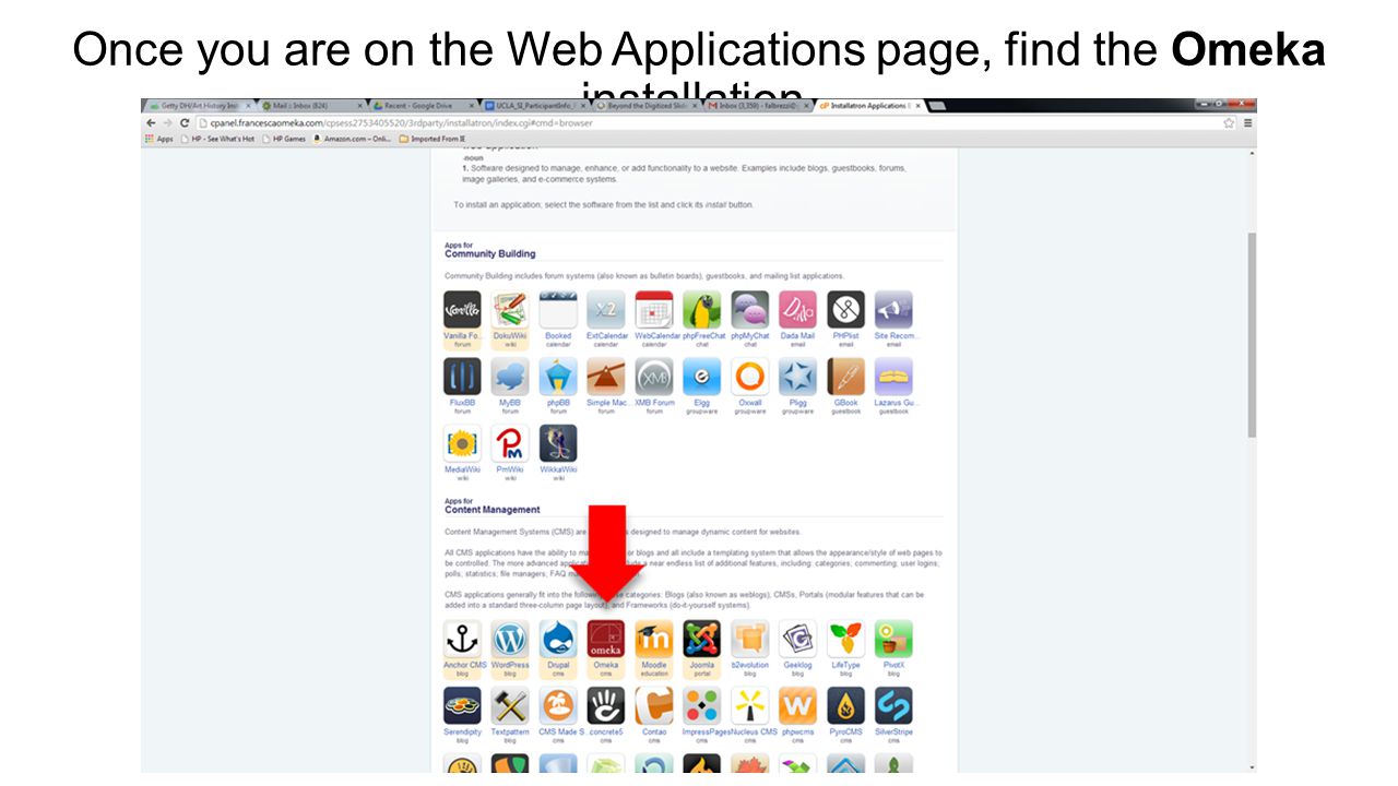 Once you are on the Web Applications page, find the Omeka installation.