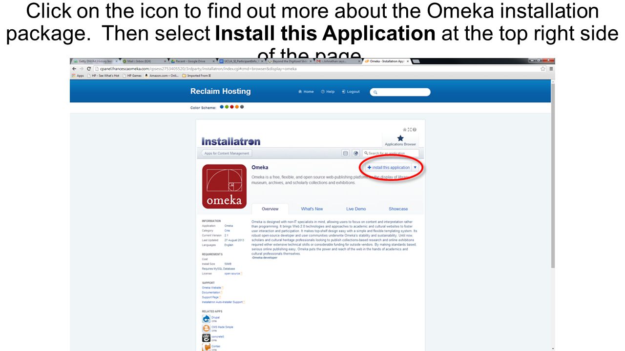Click on the icon to find out more about the Omeka installation package.