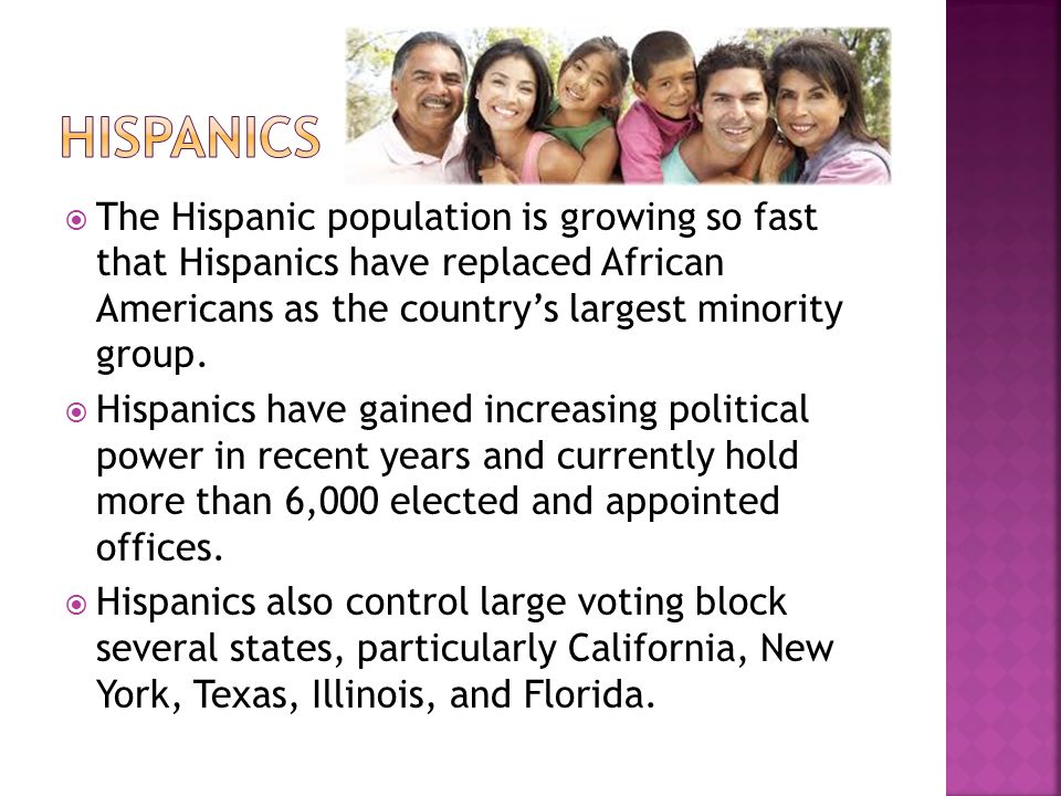  The Hispanic population is growing so fast that Hispanics have replaced African Americans as the country’s largest minority group.