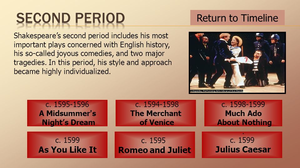 Shakespeare’s second period includes his most important plays concerned with English history, his so-called joyous comedies, and two major tragedies.