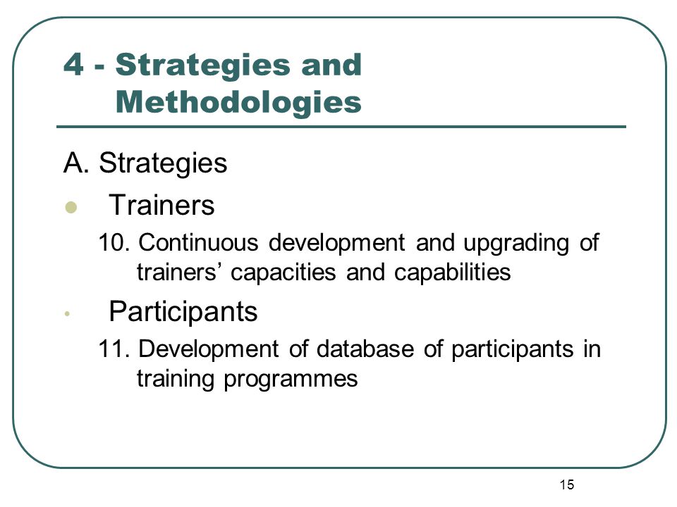 Strategies and Methodologies A. Strategies Trainers 10.