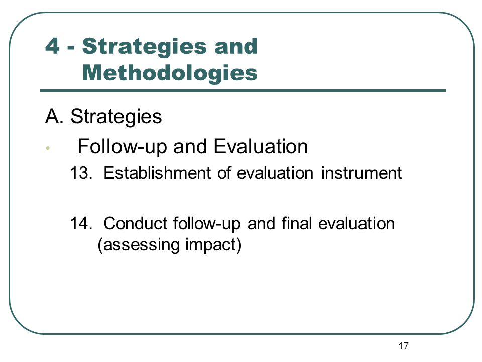 Strategies and Methodologies A. Strategies Follow-up and Evaluation 13.