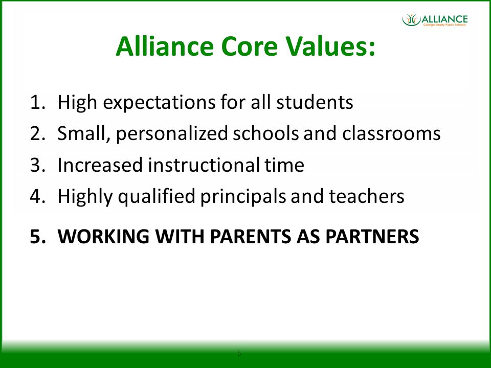 Alliance Core Values: 1.High expectations for all students 2.Small, personalized schools and classrooms 3.Increased instructional time 4.Highly qualified principals and teachers 5.WORKING WITH PARENTS AS PARTNERS 5
