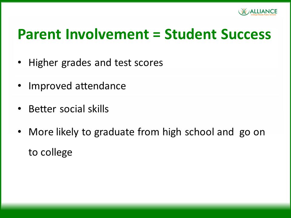 Parent Involvement = Student Success Higher grades and test scores Improved attendance Better social skills More likely to graduate from high school and go on to college