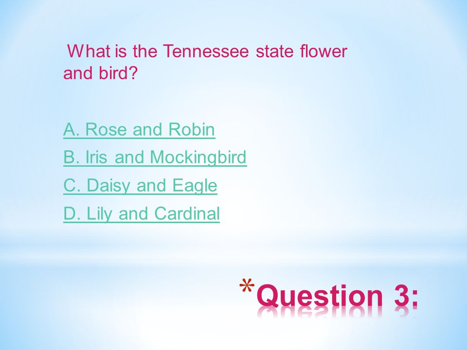 What is the Tennessee state flower and bird. A. Rose and Robin B.