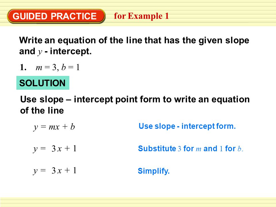 GUIDED PRACTICE for Example 1 Write an equation of the line that has the given slope and y - intercept.