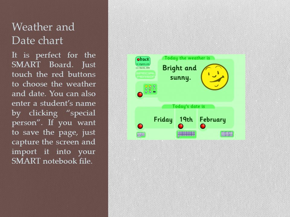 Weather and Date chart It is perfect for the SMART Board.