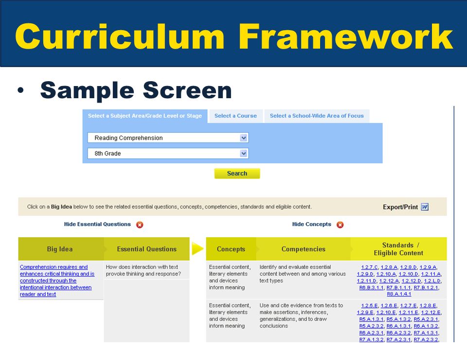 Curriculum Framework Sample Screen