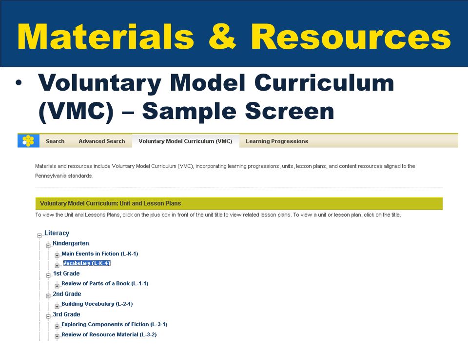 Materials & Resources Voluntary Model Curriculum (VMC) – Sample Screen