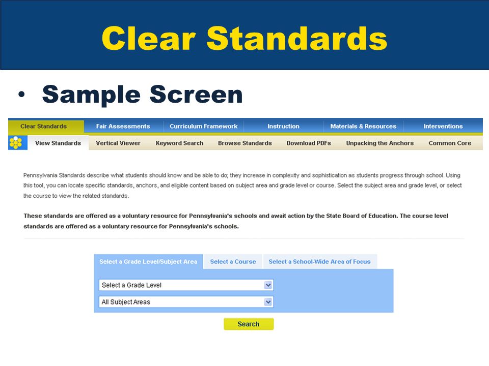 Clear Standards Sample Screen