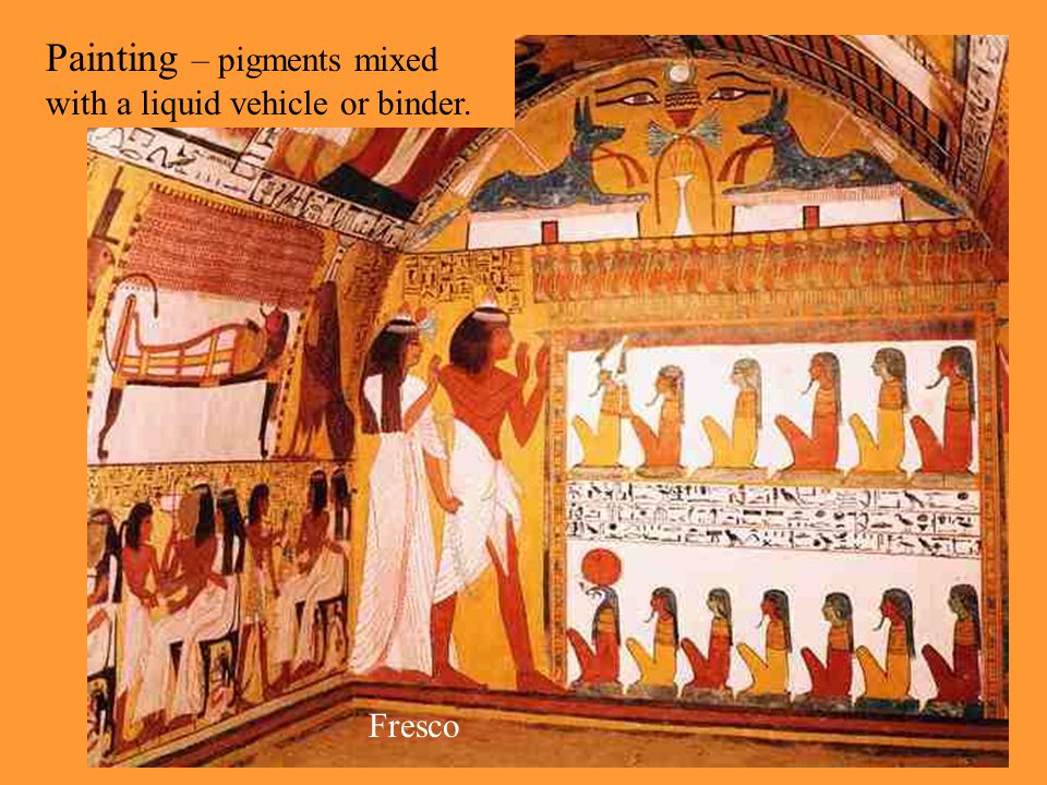 Painting – pigments mixed with a liquid vehicle or binder. Fresco