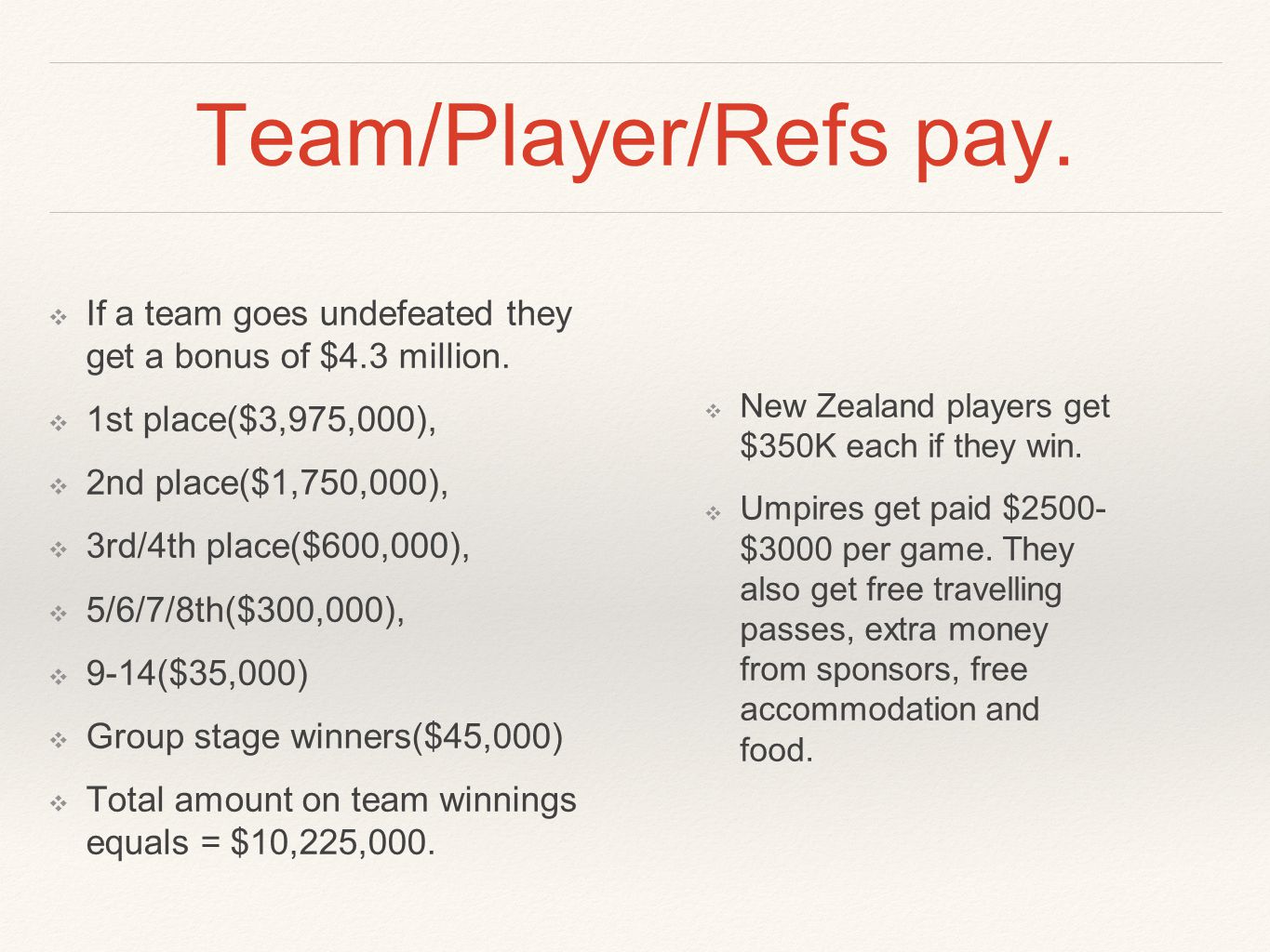 Team/Player/Refs pay. ❖ If a team goes undefeated they get a bonus of $4.3 million.