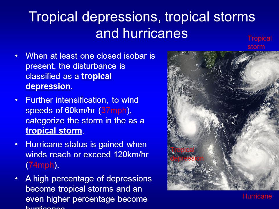 Tropical depressions, tropical storms and hurricanes When at least one closed isobar is present, the disturbance is classified as a tropical depression.