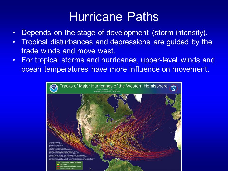 Hurricane Paths Depends on the stage of development (storm intensity).