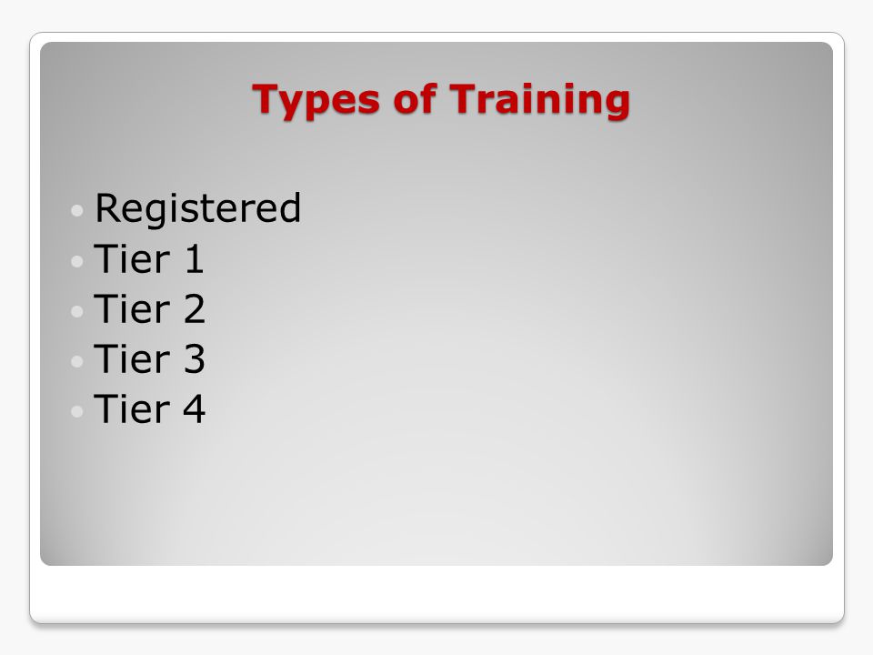 Types of Training Registered Tier 1 Tier 2 Tier 3 Tier 4
