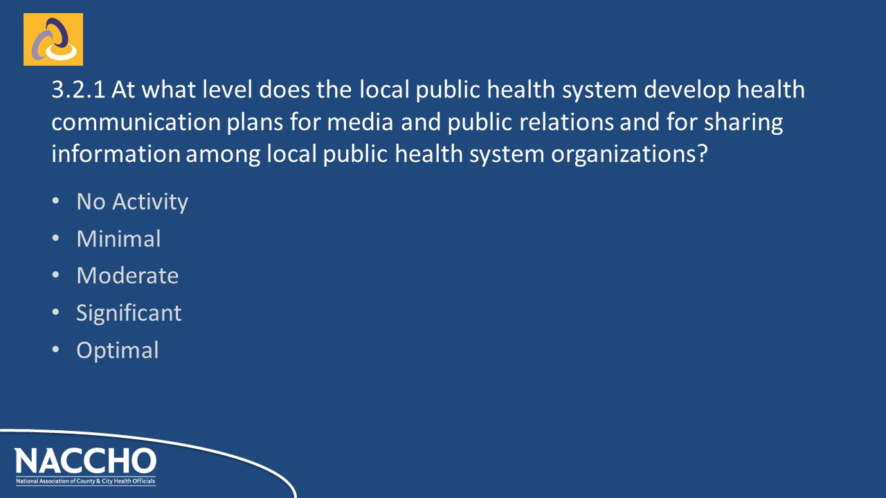 No Activity Minimal Moderate Significant Optimal At what level does the local public health system develop health communication plans for media and public relations and for sharing information among local public health system organizations